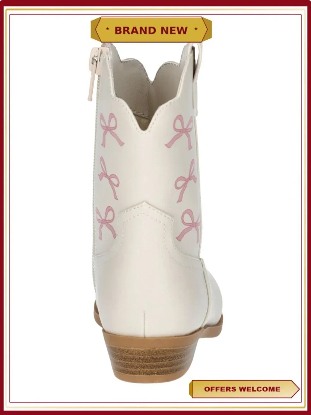 Girls Bow Print Western Cowgirl Boots with Side Zipper